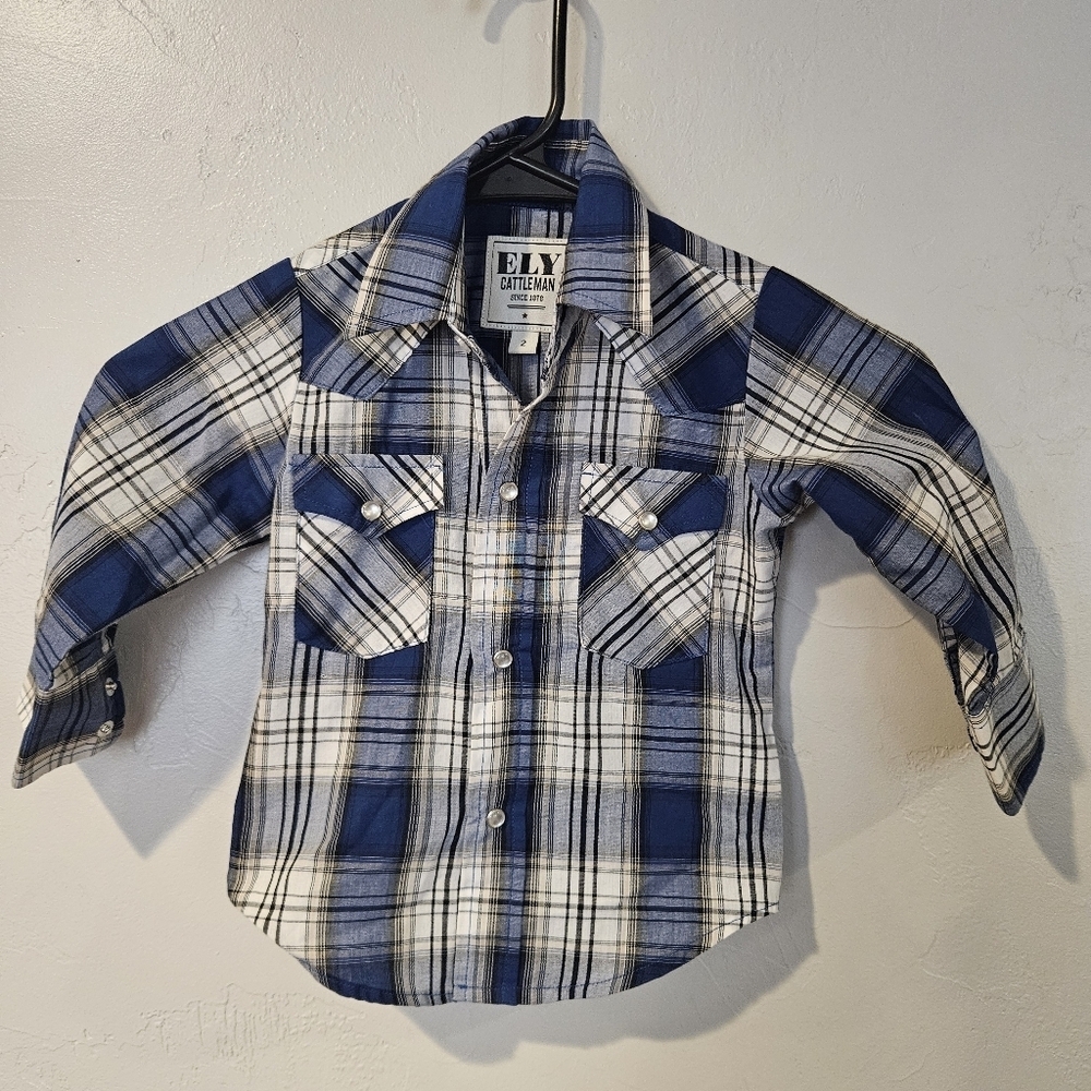 Ely Cattleman Toddler Boy 2 2T Blue Black White Plaid Shirt Western Long Sleeve